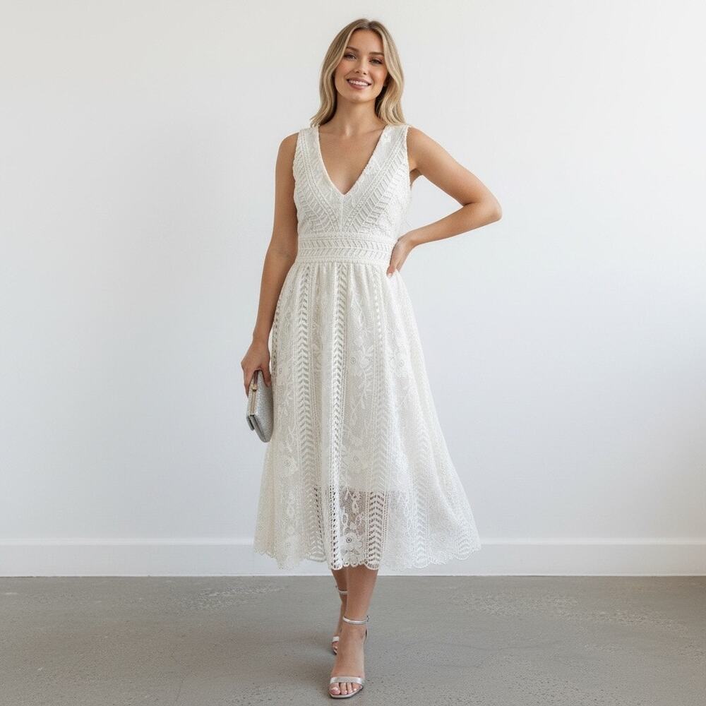 Lulus Women's Charmed Ivory Lace Sleeveless V-Neck/Back A-Line Midi Dress Sz XS
